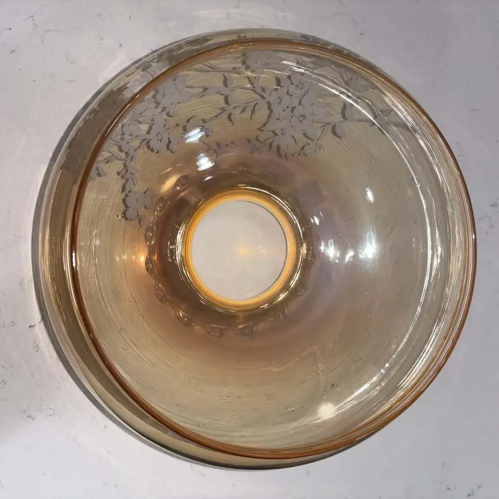 Vintage Hurricane Ruffled Iridescent Amber Glass Shade White Floral 9.5” Fitter